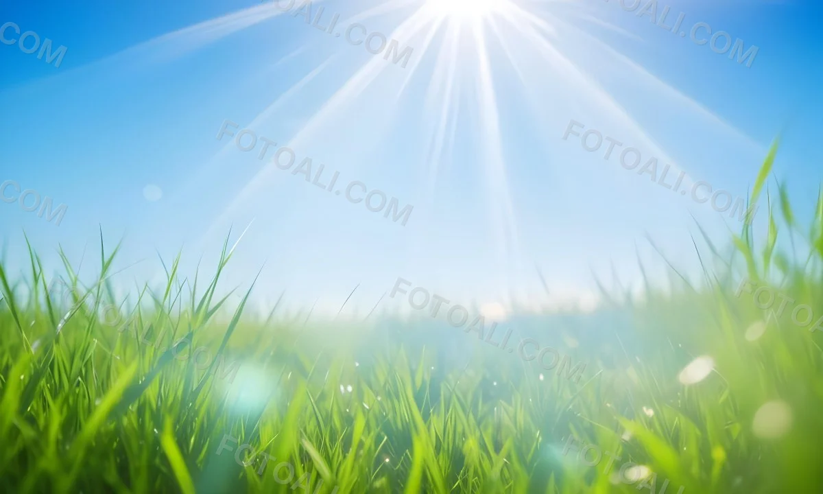 Bright Blue Sky With Sun Rays Blurred Green Grass In The Foreground 7 F6b6