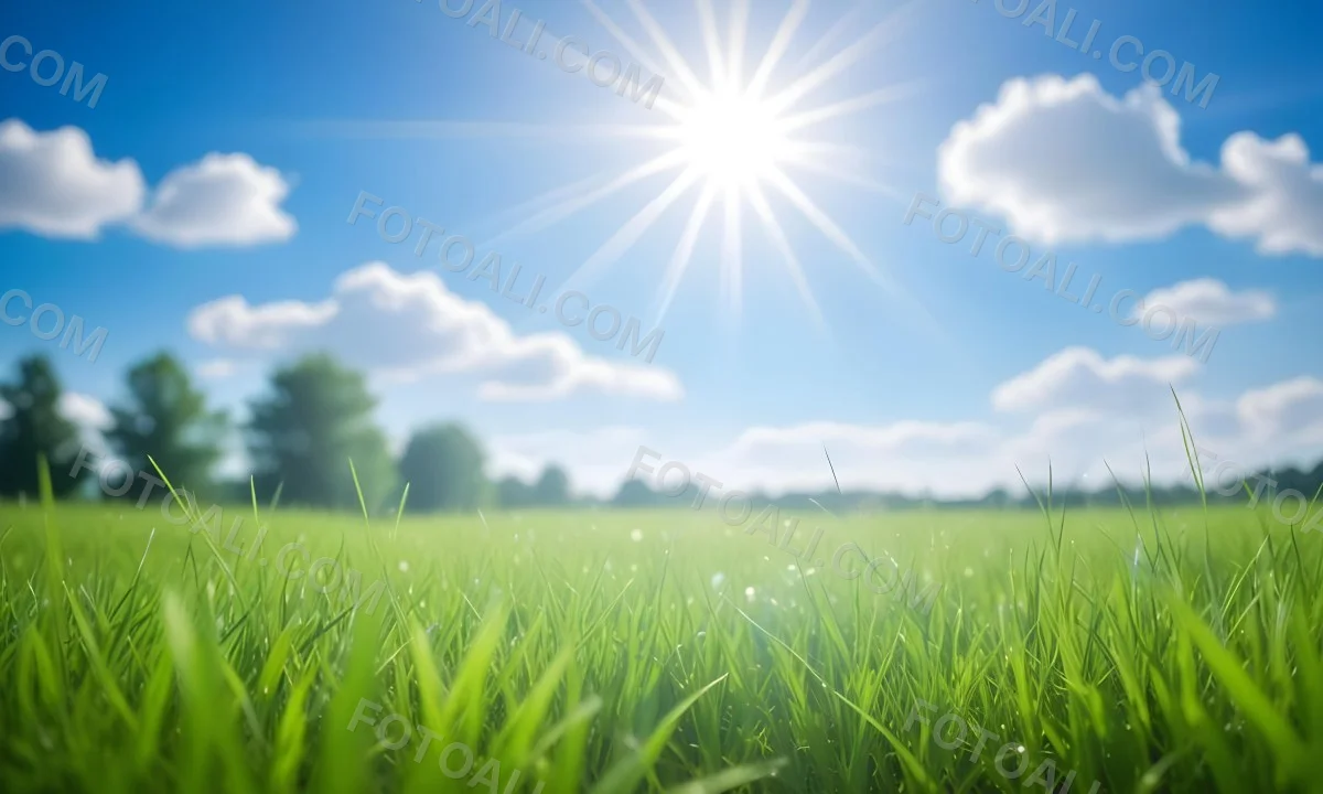 Bright Blue Sky With Sun Rays Blurred Green Grass In The Foreground 9 41d5