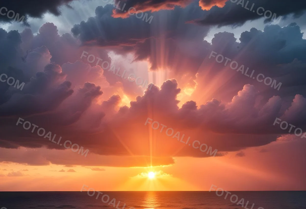Bright Sun Rays Bursting Through Dramatic Clouds At Sunset With An Orange And Pink Sky Surrounded By Dark Storm Clouds And A Calm Ocean 1 E876