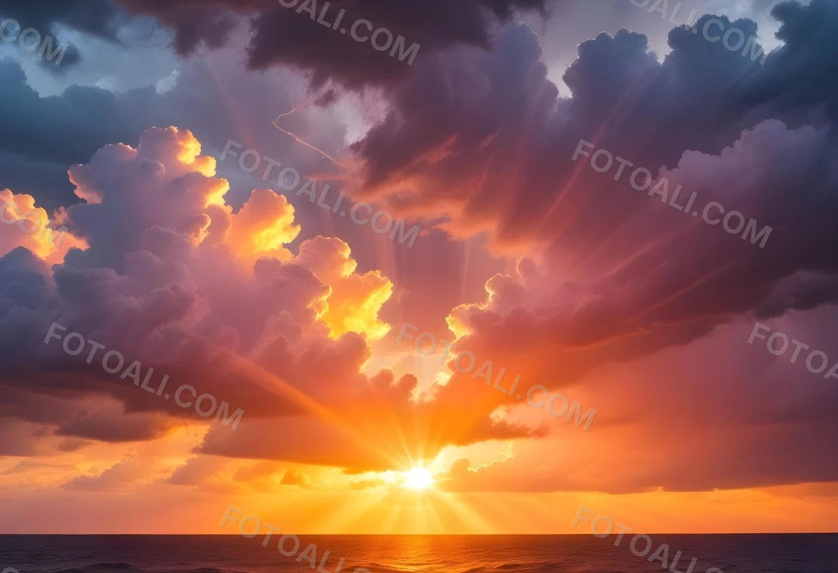 Bright Sun Rays Bursting Through Dramatic Clouds At Sunset With An Orange And Pink Sky Surrounded By Dark Storm Clouds And A Calm Ocean 10 2e42