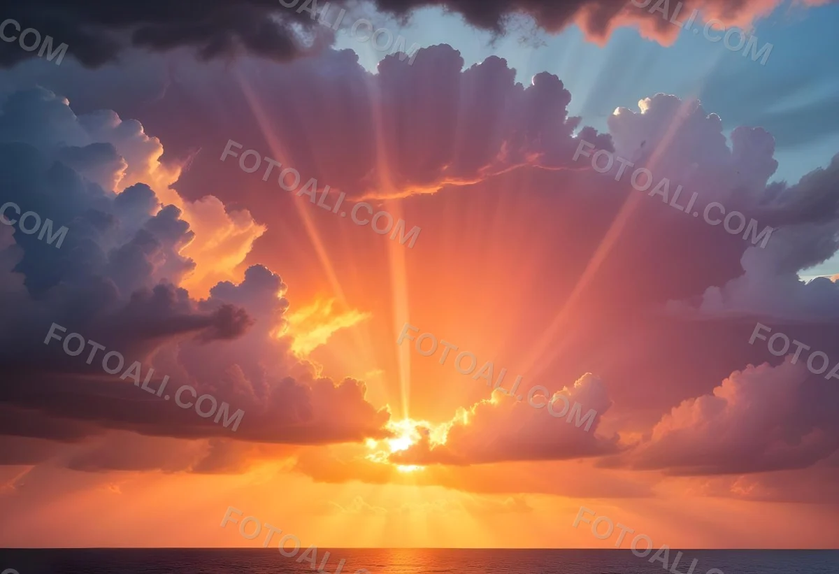 Bright Sun Rays Bursting Through Dramatic Clouds At Sunset With An Orange And Pink Sky Surrounded By Dark Storm Clouds And A Calm Ocean 11 03ef