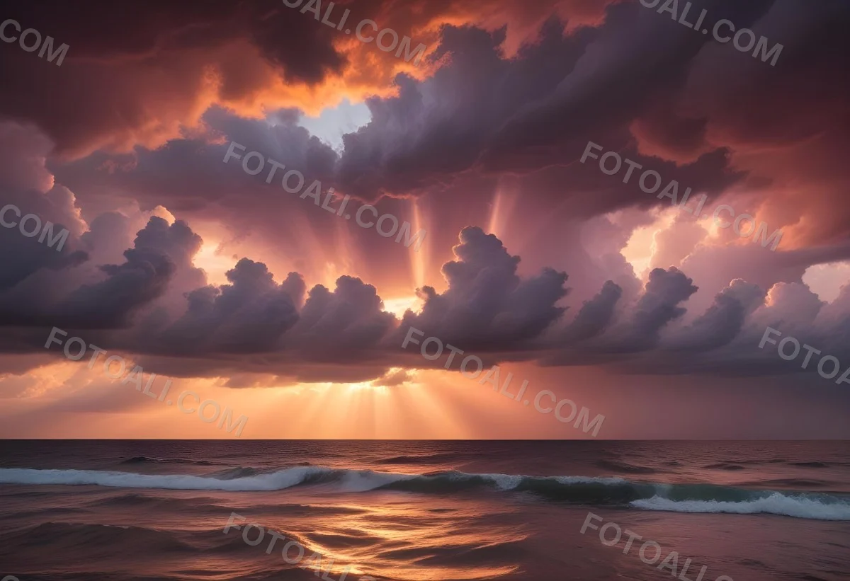 Bright Sun Rays Bursting Through Dramatic Clouds At Sunset With An Orange And Pink Sky Surrounded By Dark Storm Clouds And A Calm Ocean 12 9c8b