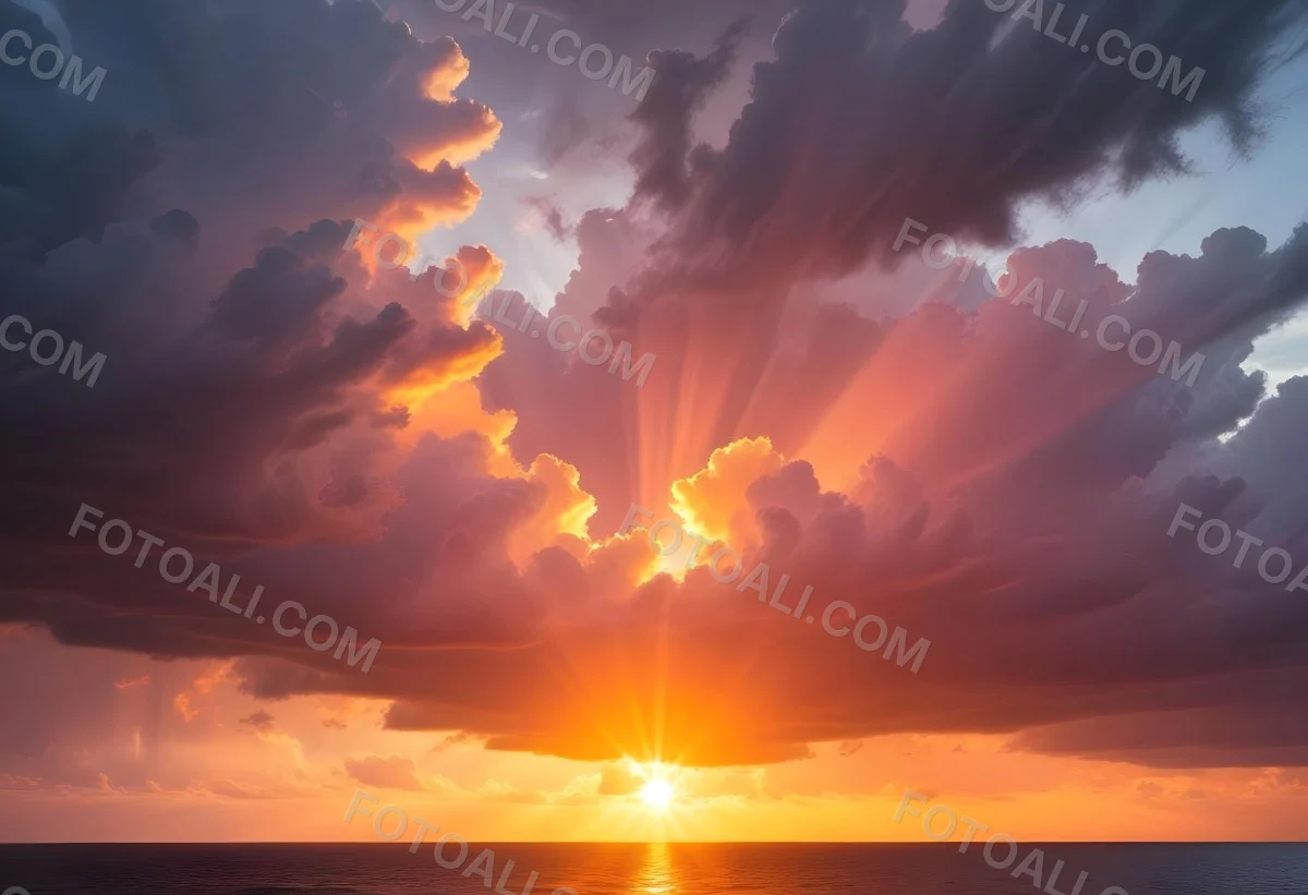 Bright Sun Rays Bursting Through Dramatic Clouds At Sunset With An Orange And Pink Sky Surrounded By Dark Storm Clouds And A Calm Ocean 13 B059