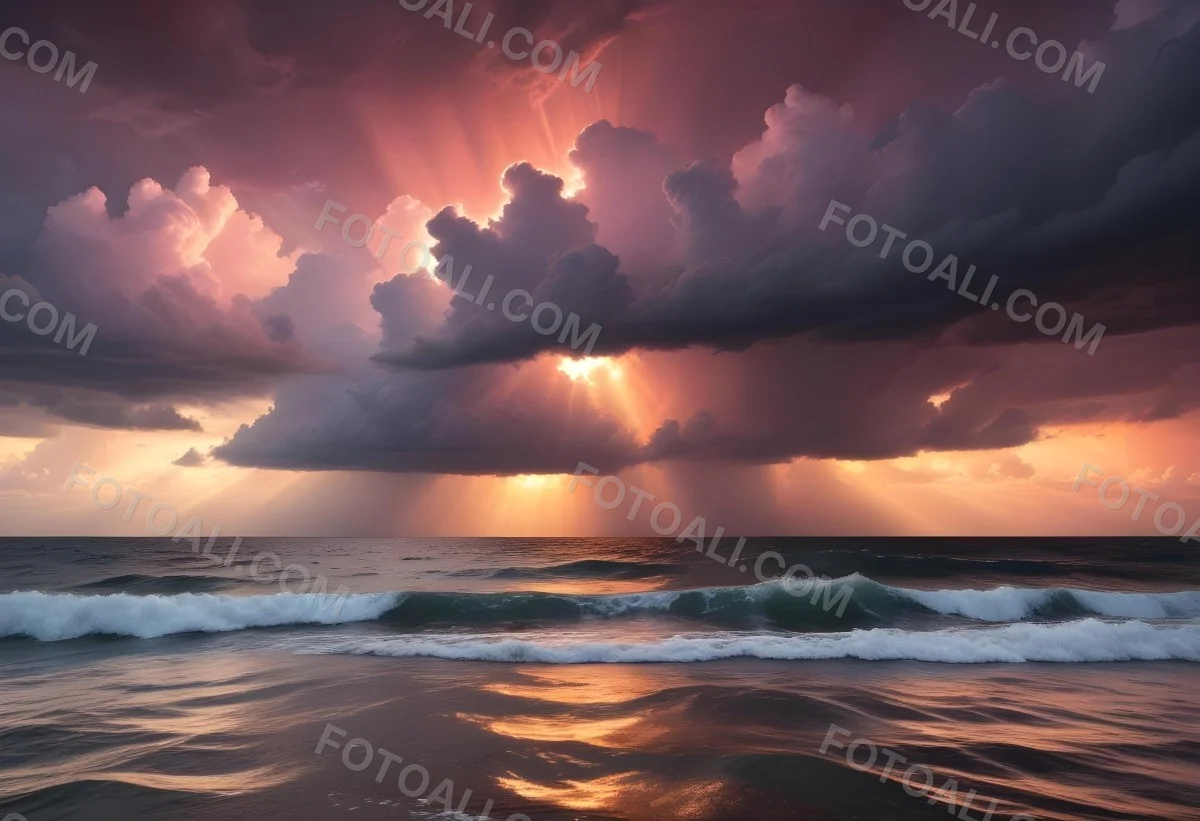 Bright Sun Rays Bursting Through Dramatic Clouds At Sunset With An Orange And Pink Sky Surrounded By Dark Storm Clouds And A Calm Ocean 14 9415