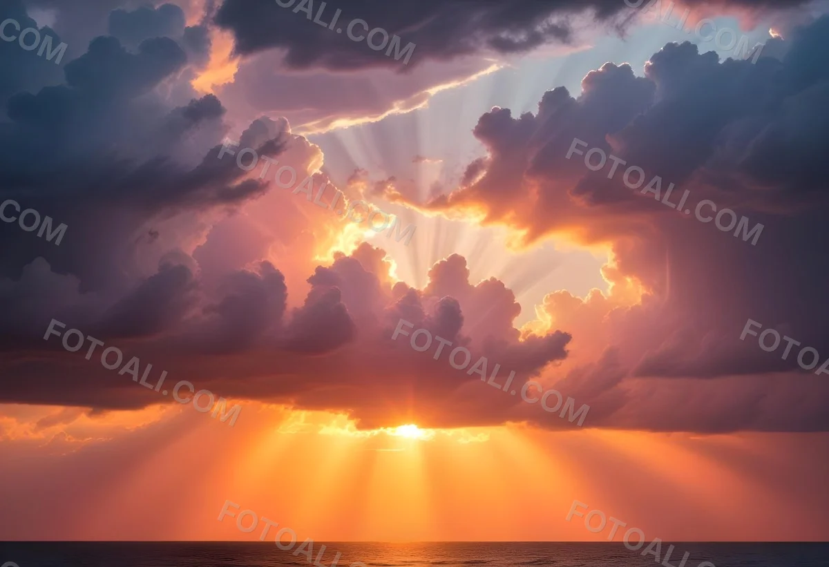 Bright Sun Rays Bursting Through Dramatic Clouds At Sunset With An Orange And Pink Sky Surrounded By Dark Storm Clouds And A Calm Ocean 15 34dd