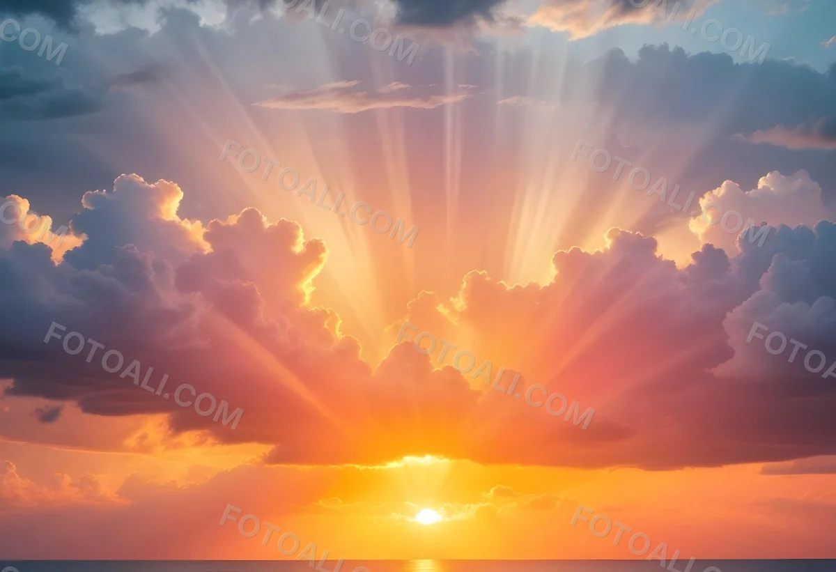 Bright Sun Rays Bursting Through Dramatic Clouds At Sunset With An Orange And Pink Sky Surrounded By Dark Storm Clouds And A Calm Ocean 16 5ec2