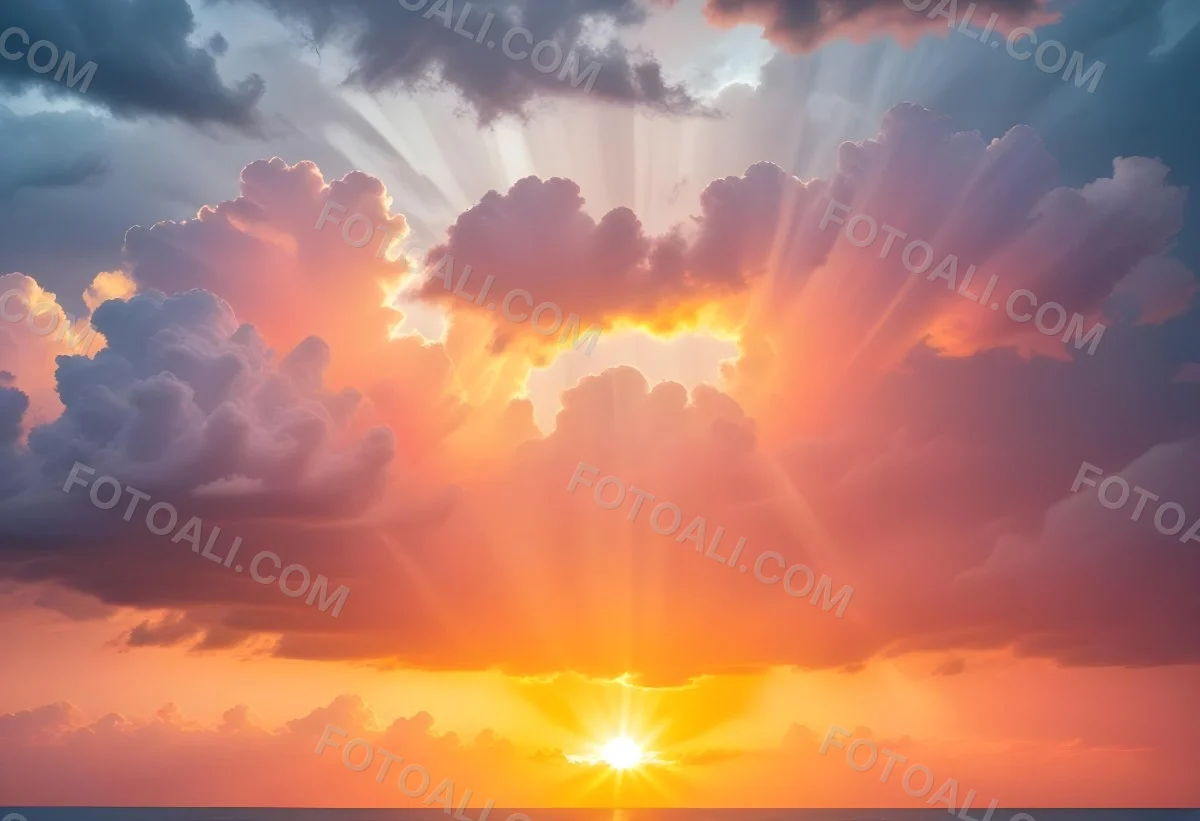 Bright Sun Rays Bursting Through Dramatic Clouds At Sunset With An Orange And Pink Sky Surrounded By Dark Storm Clouds And A Calm Ocean 19 E70b