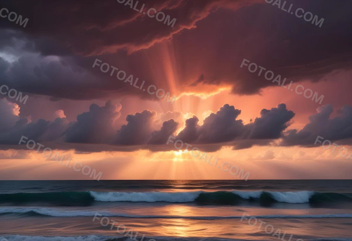 Bright Sun Rays Bursting Through Dramatic Clouds At Sunset With An Orange And Pink Sky Surrounded By Dark Storm Clouds And A Calm Ocean 2 7761