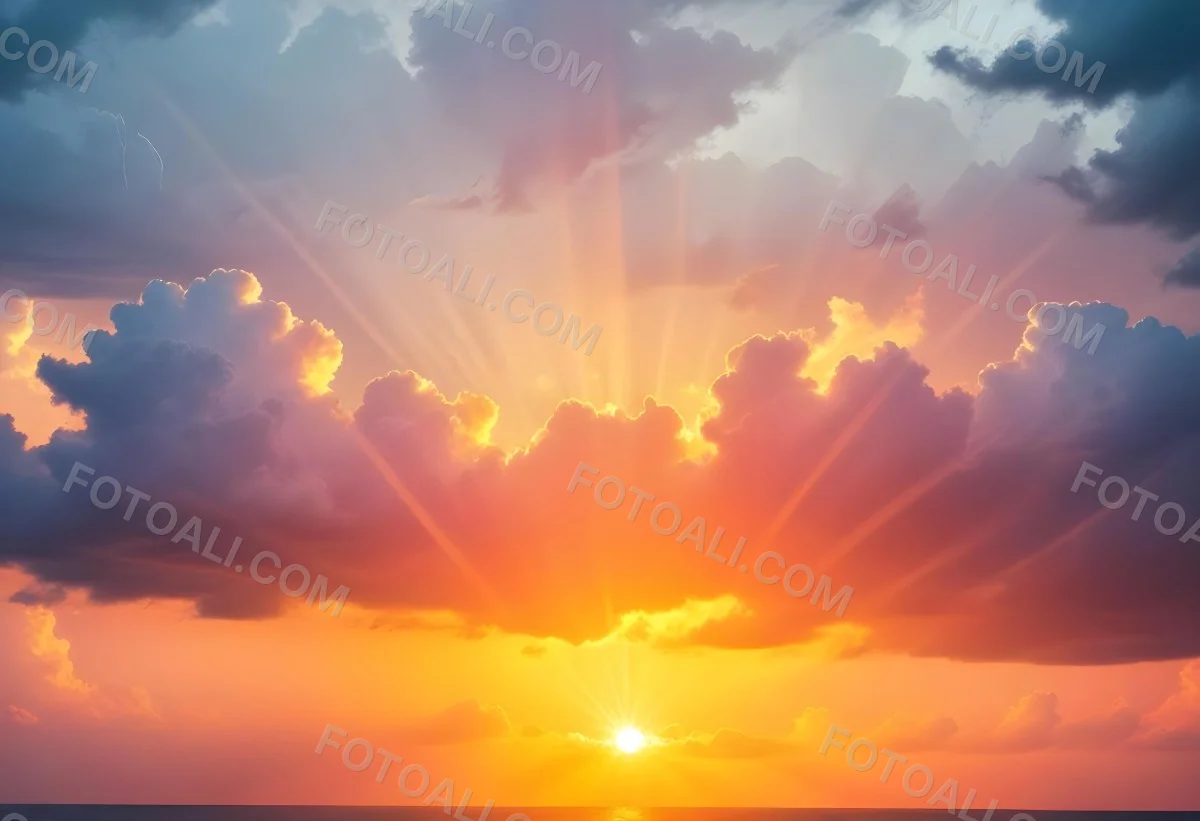 Bright Sun Rays Bursting Through Dramatic Clouds At Sunset With An Orange And Pink Sky Surrounded By Dark Storm Clouds And A Calm Ocean 22 1898
