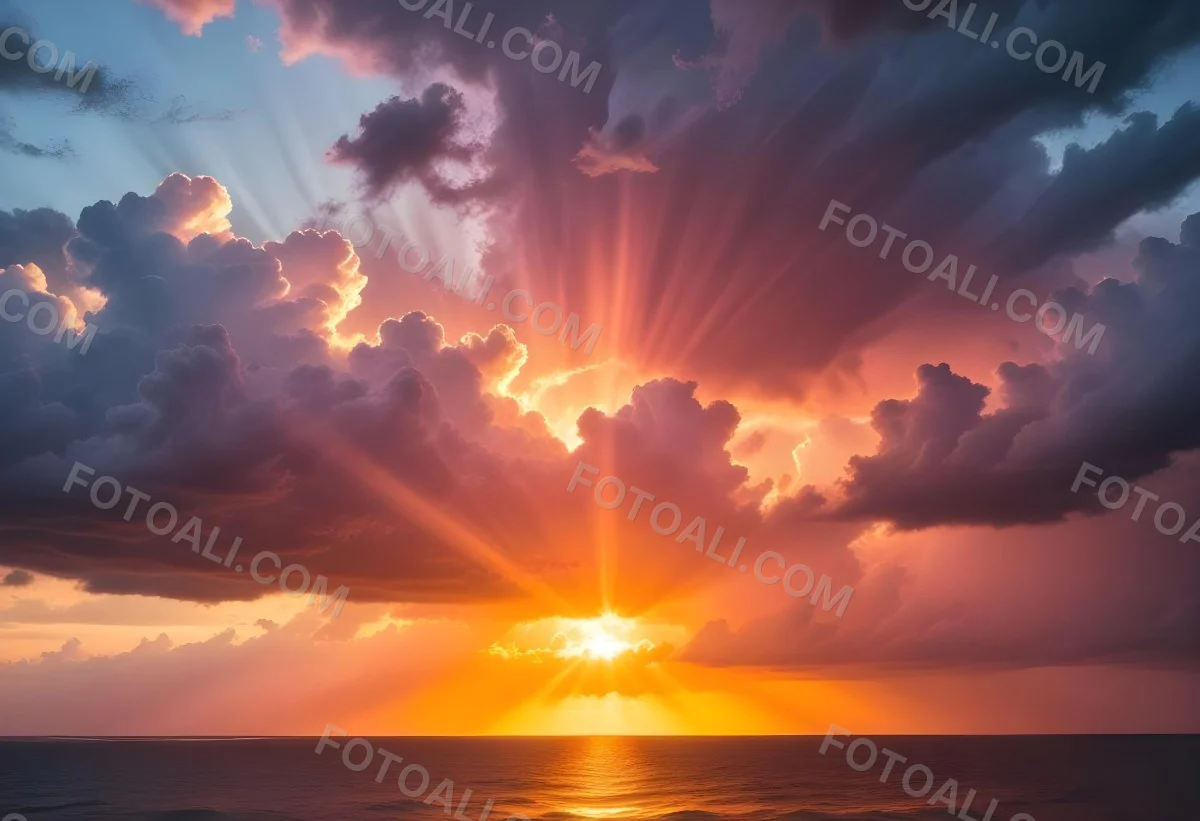 Bright Sun Rays Bursting Through Dramatic Clouds At Sunset With An Orange And Pink Sky Surrounded By Dark Storm Clouds And A Calm Ocean 3 7b8f