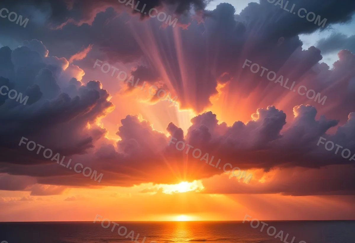 Bright Sun Rays Bursting Through Dramatic Clouds At Sunset With An Orange And Pink Sky Surrounded By Dark Storm Clouds And A Calm Ocean 4 E60d