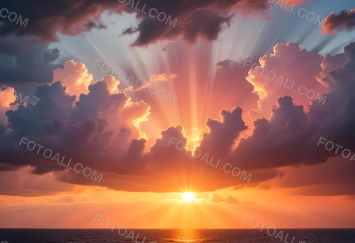 Bright Sun Rays Bursting Through Dramatic Clouds At Sunset With An Orange And Pink Sky Surrounded By Dark Storm Clouds And A Calm Ocean 5 Da7a