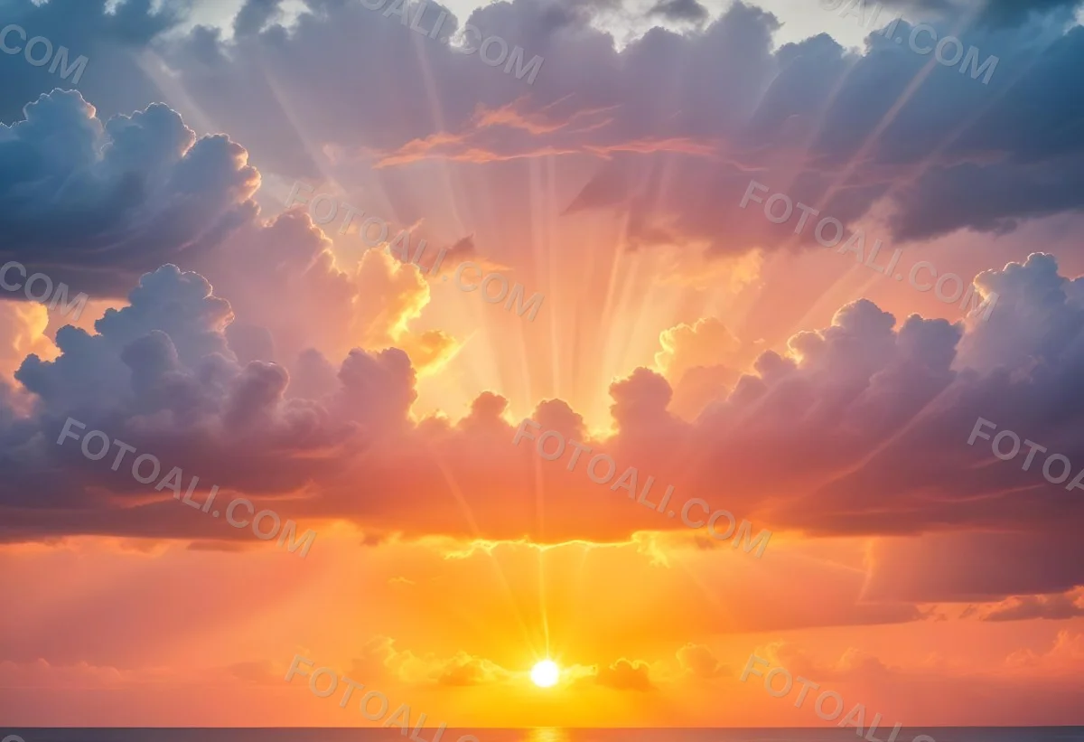 Bright Sun Rays Bursting Through Dramatic Clouds At Sunset With An Orange And Pink Sky Surrounded By Dark Storm Clouds And A Calm Ocean 6 069e