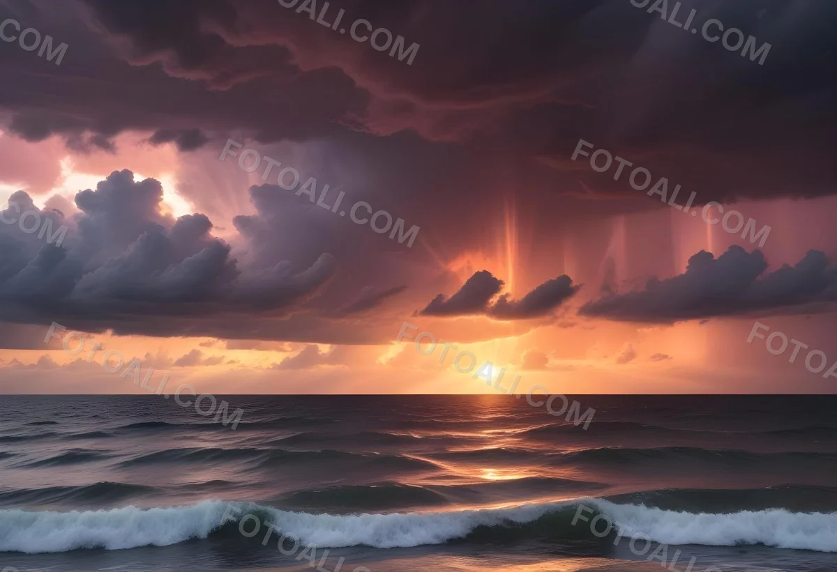 Bright Sun Rays Bursting Through Dramatic Clouds At Sunset With An Orange And Pink Sky Surrounded By Dark Storm Clouds And A Calm Ocean 7 F0c1