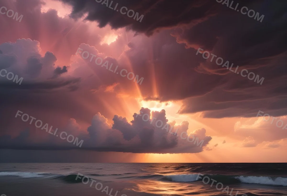 Bright Sun Rays Bursting Through Dramatic Clouds At Sunset With An Orange And Pink Sky Surrounded By Dark Storm Clouds And A Calm Ocean 8 9ab2