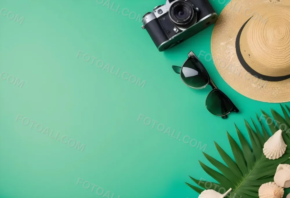 Camera Sunglasses Shells Straw Hat And A Palm Leaf On A Green Background Summer Vacation Concept Travel And Tourism 18 F3dc