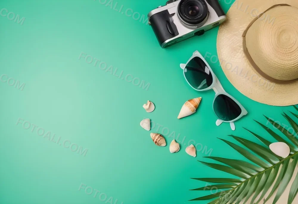 Camera Sunglasses Shells Straw Hat And A Palm Leaf On A Green Background Summer Vacation Concept Travel And Tourism 20 Fed4