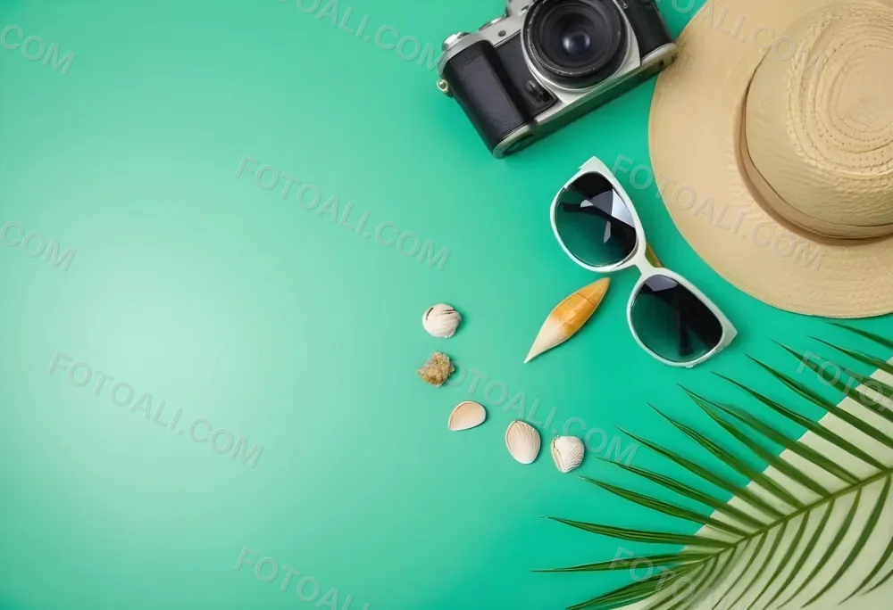 Camera Sunglasses Shells Straw Hat And A Palm Leaf On A Green Background Summer Vacation Concept Travel And Tourism 21 9161