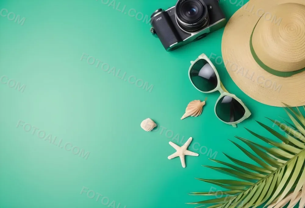 Camera Sunglasses Shells Straw Hat And A Palm Leaf On A Green Background Summer Vacation Concept Travel And Tourism 26 C00a
