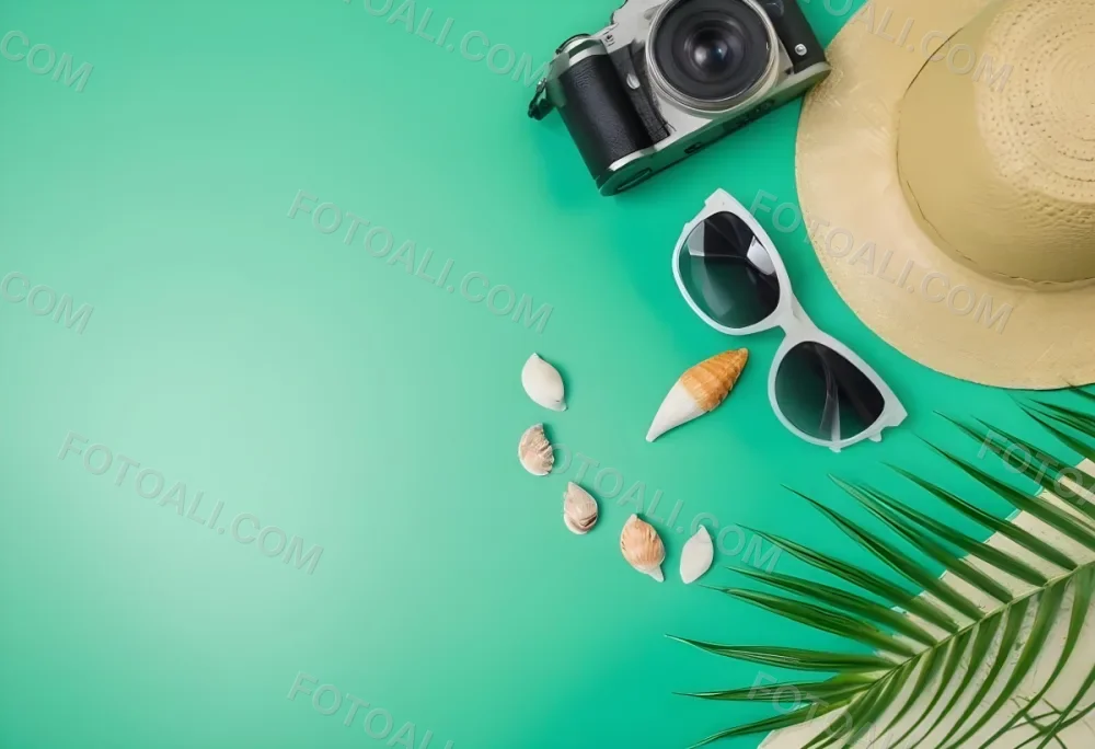 Camera Sunglasses Shells Straw Hat And A Palm Leaf On A Green Background Summer Vacation Concept Travel And Tourism 27 1f28