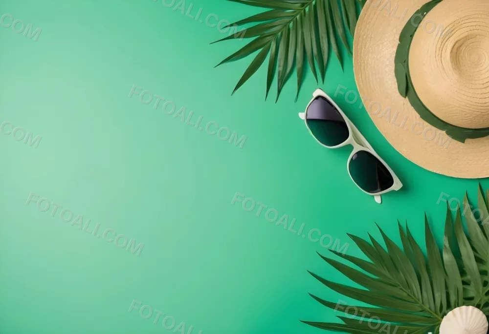 Camera Sunglasses Shells Straw Hat And A Palm Leaf On A Green Background Summer Vacation Concept Travel And Tourism 28 Db8e