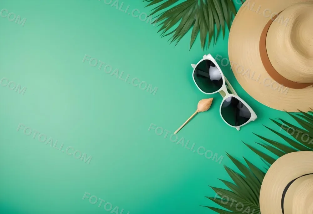 Camera Sunglasses Shells Straw Hat And A Palm Leaf On A Green Background Summer Vacation Concept Travel And Tourism 32 9a58