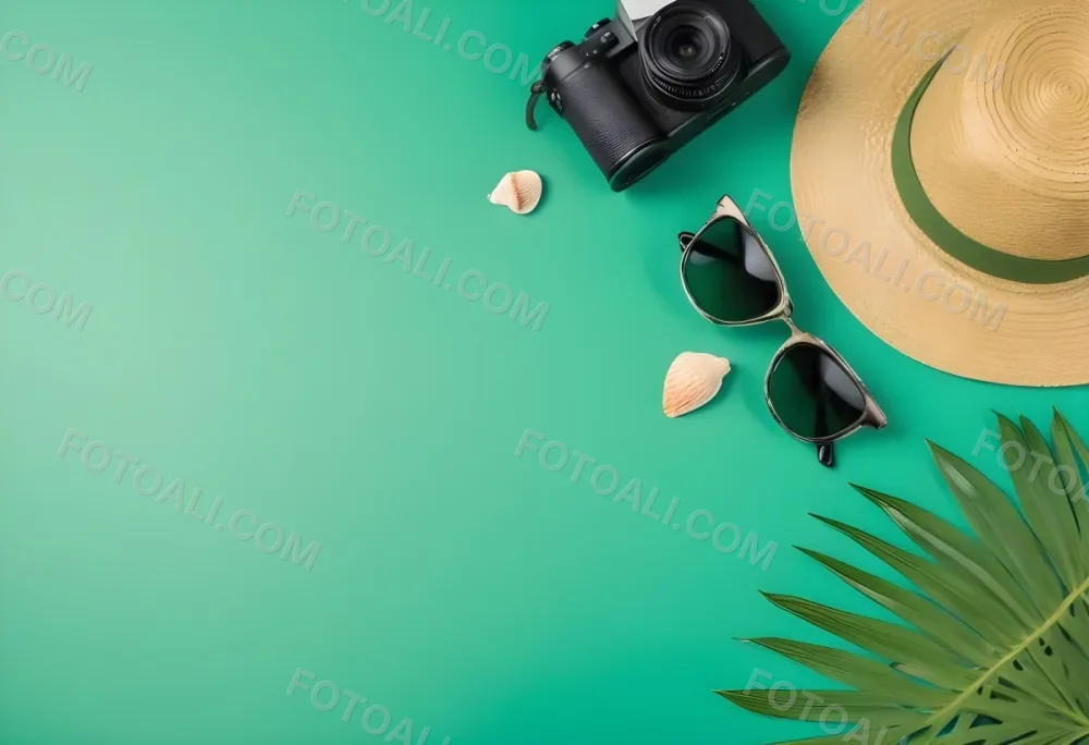 Camera Sunglasses Shells Straw Hat And A Palm Leaf On A Green Background Summer Vacation Concept Travel And Tourism 4 08ed
