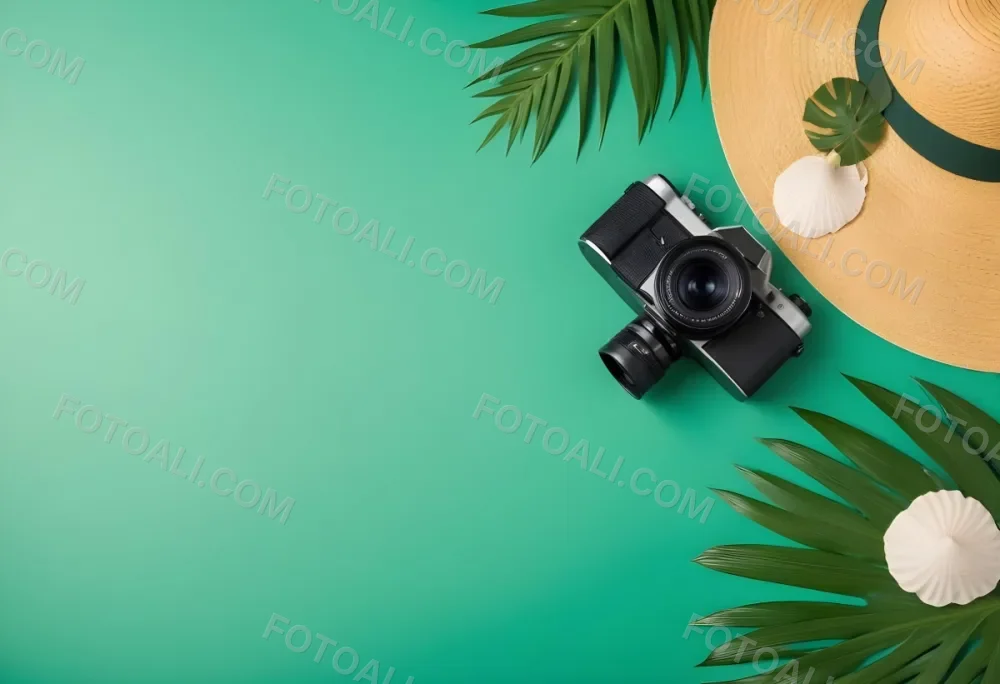 Camera Sunglasses Shells Straw Hat And A Palm Leaf On A Green Background Summer Vacation Concept Travel And Tourism 5 2f4a