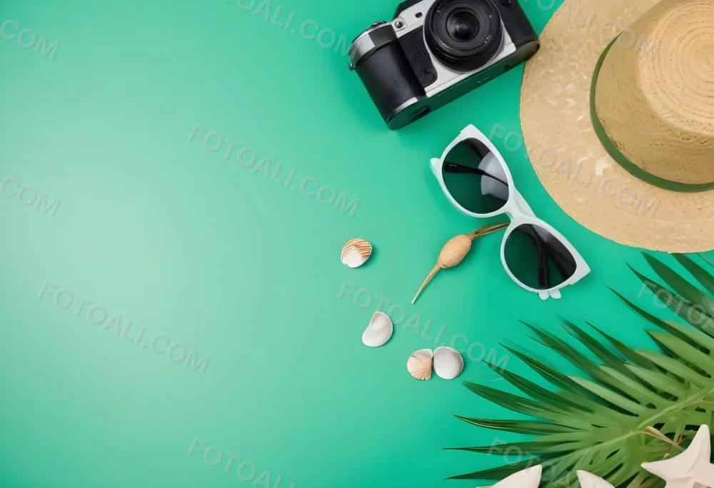 Camera Sunglasses Shells Straw Hat And A Palm Leaf On A Green Background Summer Vacation Concept Travel And Tourism 6 2df1