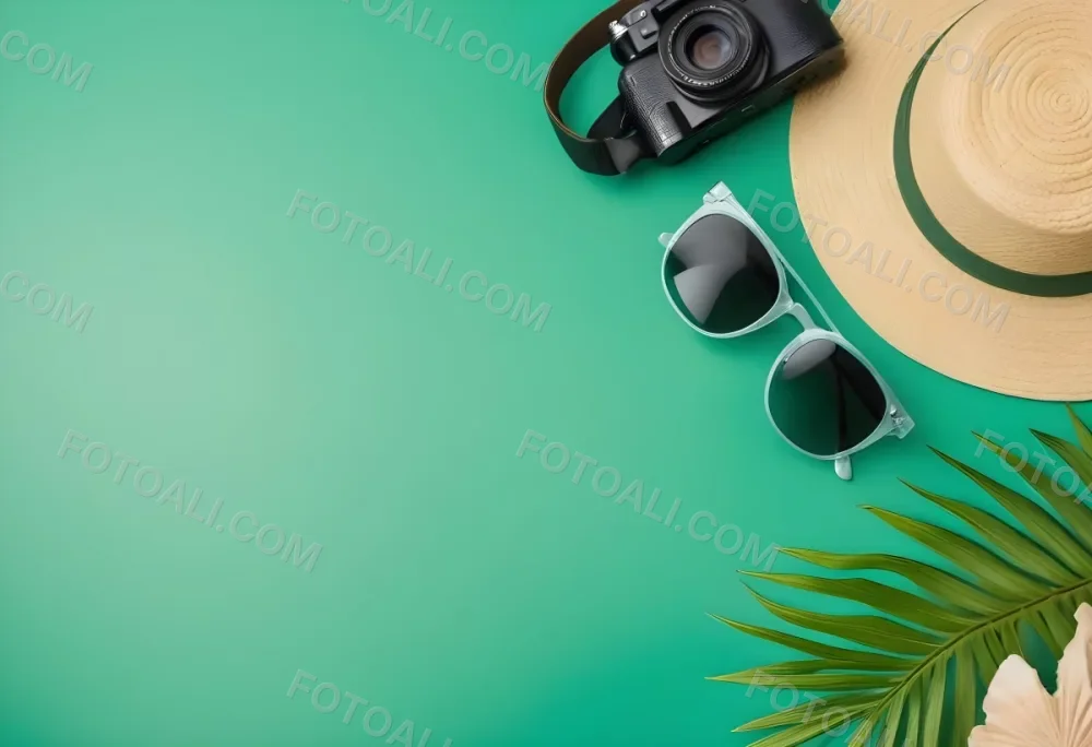 Camera Sunglasses Shells Straw Hat And A Palm Leaf On A Green Background Summer Vacation Concept Travel And Tourism 7 Fc04