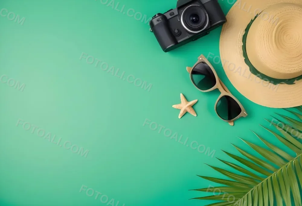 Camera Sunglasses Shells Straw Hat And A Palm Leaf On A Green Background Summer Vacation Concept Travel And Tourism 8 2e29