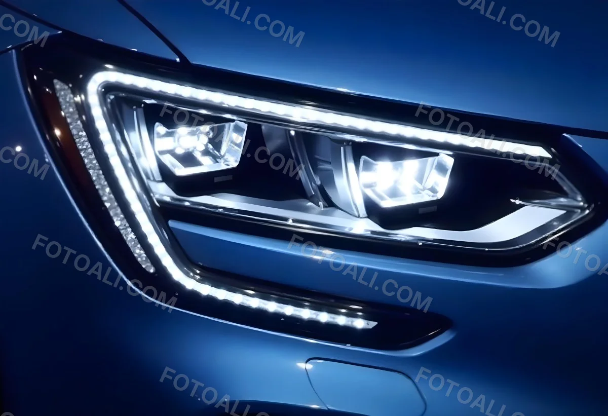 Car Headlight With Chrome Trim And Led Lights Blue Car Paint In The Background Close Up Shot 15 920f