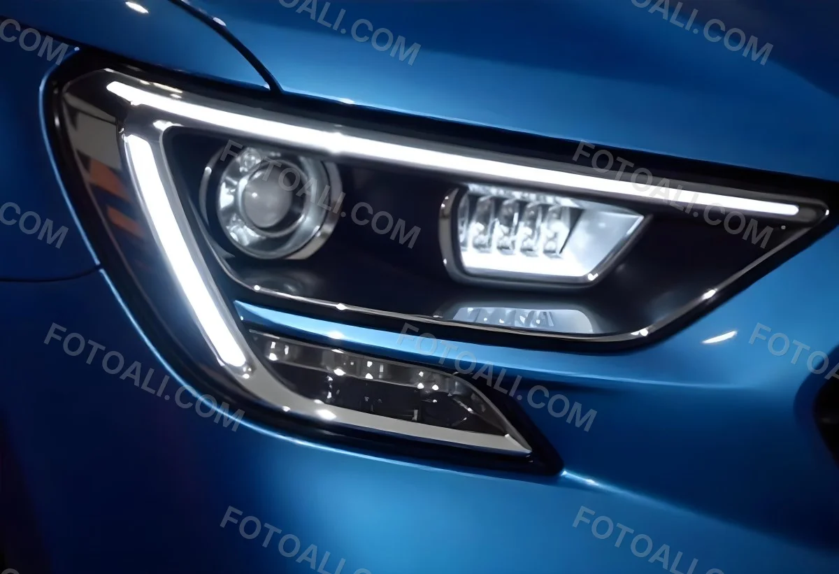 Car Headlight With Chrome Trim And Led Lights Blue Car Paint In The Background Close Up Shot 20 Ddb8