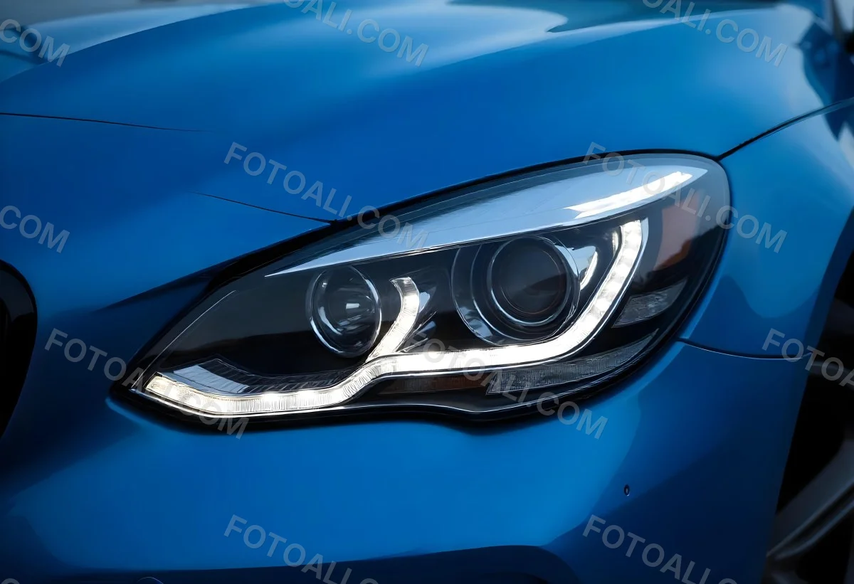 Car Headlight With Chrome Trim And Led Lights Blue Car Paint In The Background Close Up Shot 24 Aead
