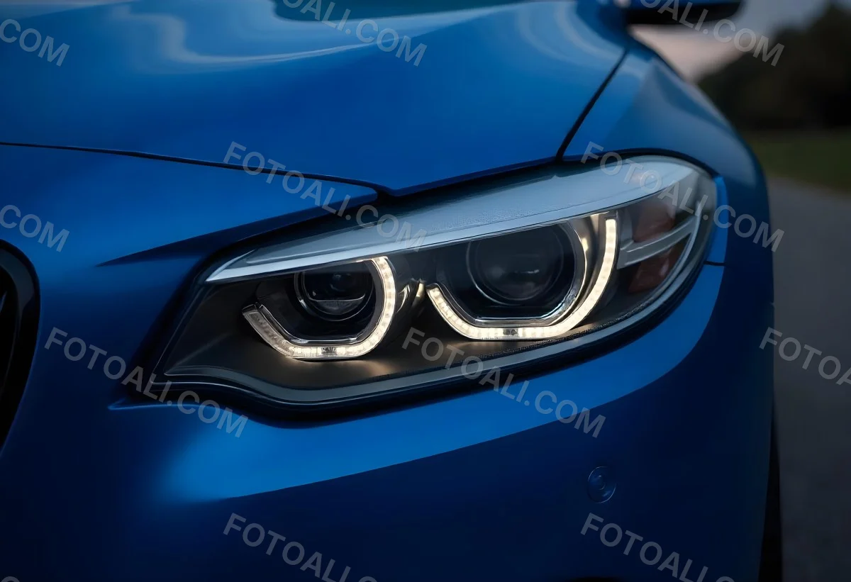 Car Headlight With Chrome Trim And Led Lights Blue Car Paint In The Background Close Up Shot 26 6e44