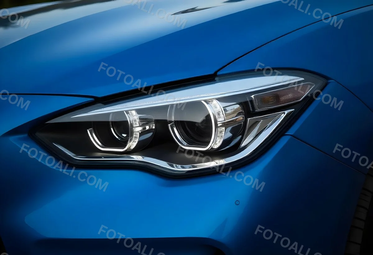 Car Headlight With Chrome Trim And Led Lights Blue Car Paint In The Background Close Up Shot 3 4cc1