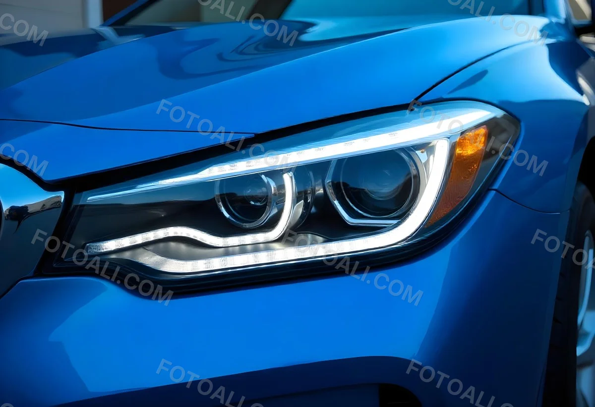 Car Headlight With Chrome Trim And Led Lights Blue Car Paint In The Background Close Up Shot 33 204f