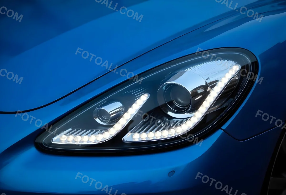 Car Headlight With Chrome Trim And Led Lights Blue Car Paint In The Background Close Up Shot 38 D27a