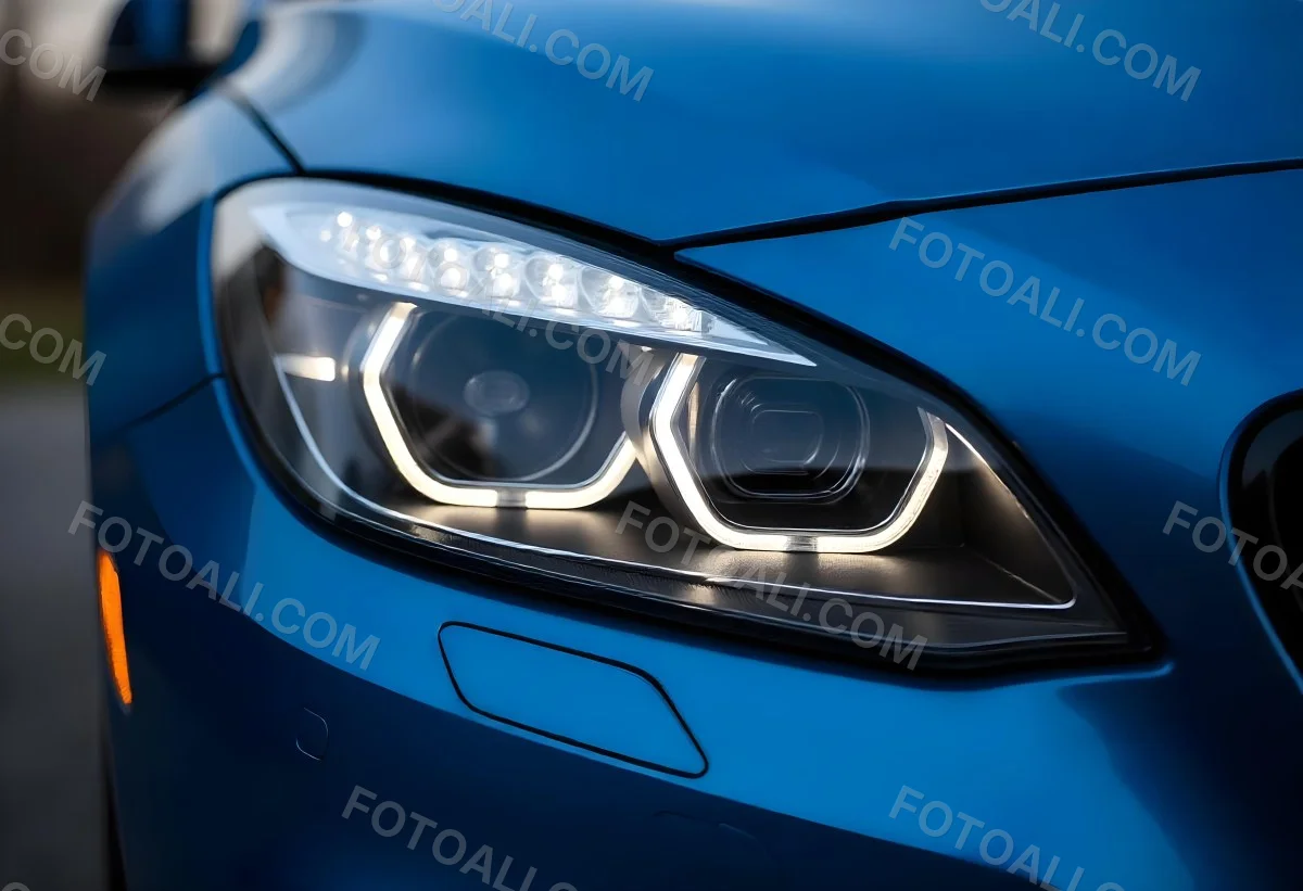 Car Headlight With Chrome Trim And Led Lights Blue Car Paint In The Background Close Up Shot 50 C7d5