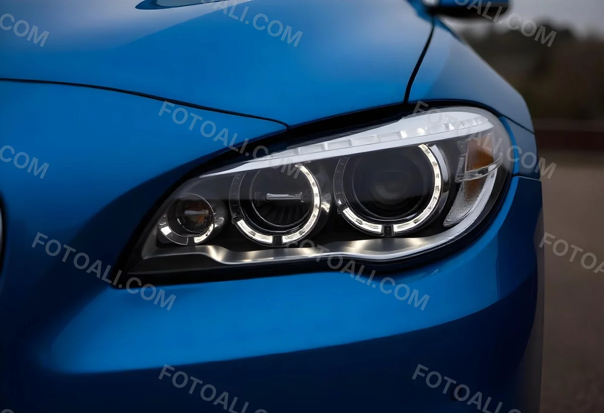 Car Headlight With Chrome Trim And Led Lights Blue Car Paint In The Background Close Up Shot 52 B465