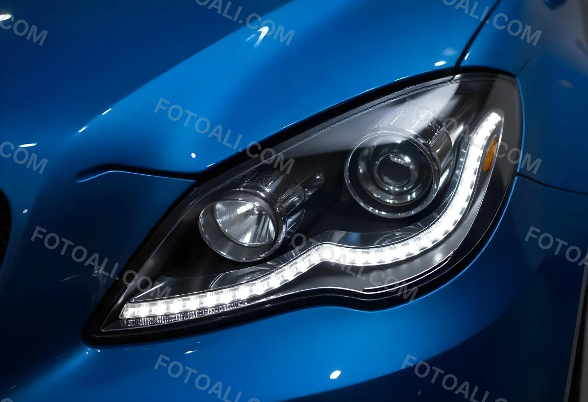 Car Headlight With Chrome Trim And Led Lights Blue Car Paint In The Background Close Up Shot 54 E2c9