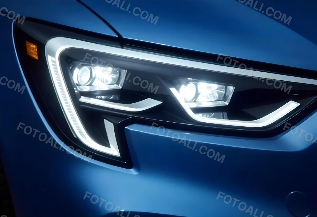 Car Headlight With Chrome Trim And Led Lights Blue Car Paint In The Background Close Up Shot 6 4431