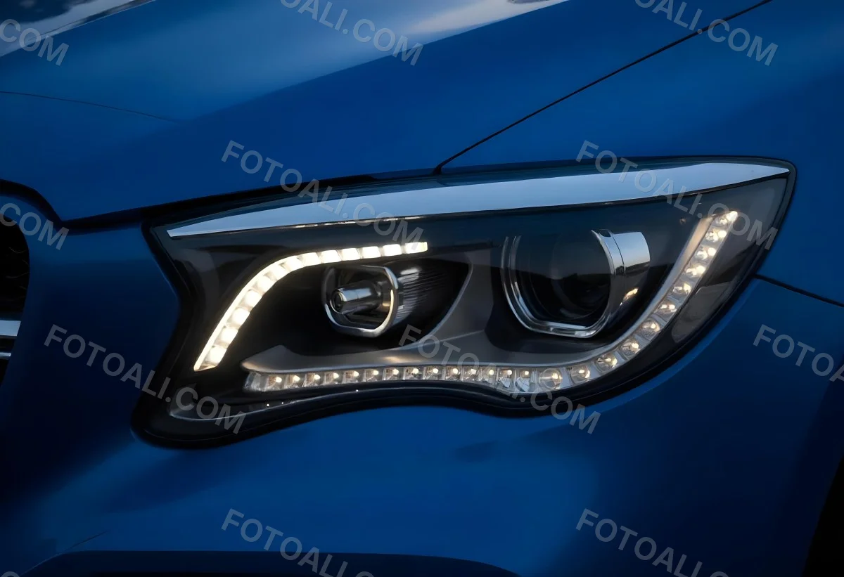 Car Headlight With Chrome Trim And Led Lights Blue Car Paint In The Background Close Up Shot 7 Dd9d
