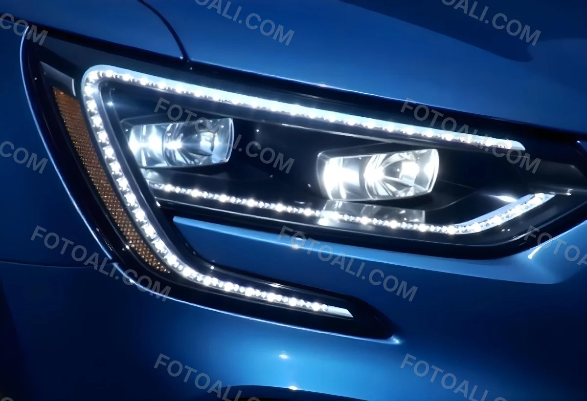 Car Headlight With Chrome Trim And Led Lights Blue Car Paint In The Background Close Up Shot 8 5cc7