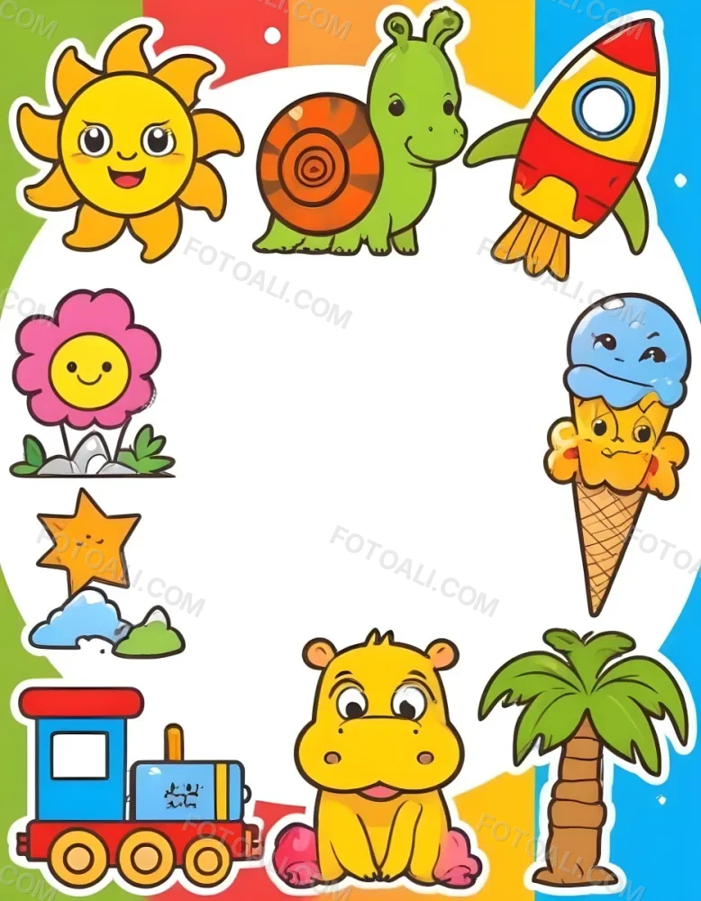 Cartoon Frame With A Sun Snail Rocket Tree Ice Cream Train Hippo And Palm Tree With A White Background 1 Add4