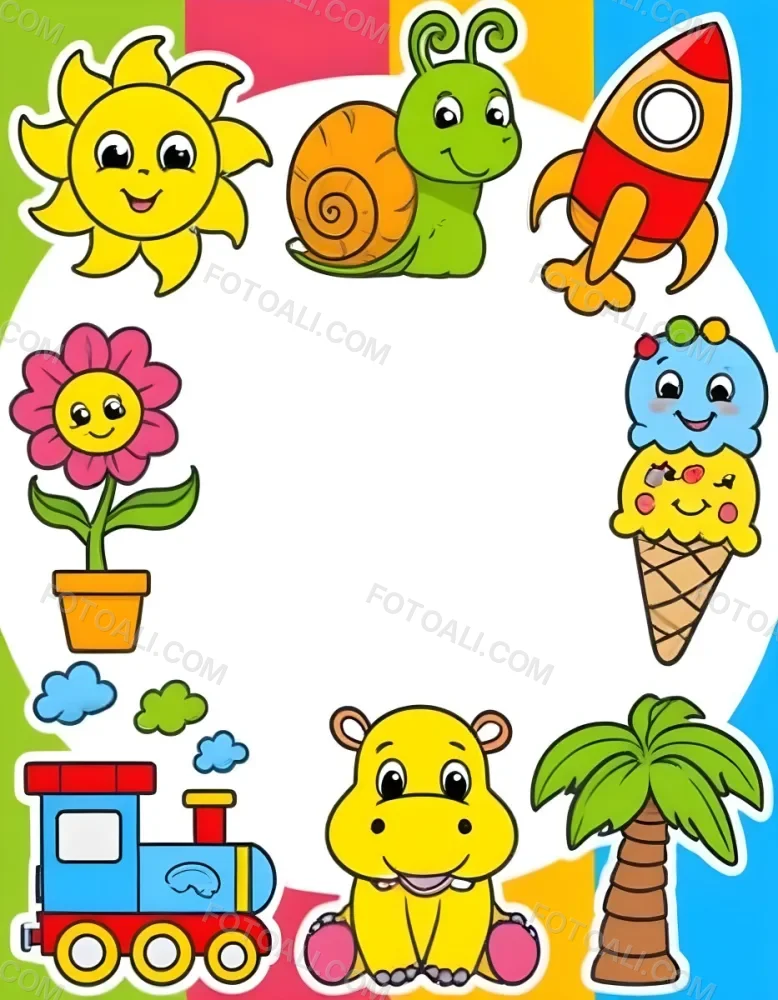 Cartoon Frame With A Sun Snail Rocket Tree Ice Cream Train Hippo And Palm Tree With A White Background 102 462c