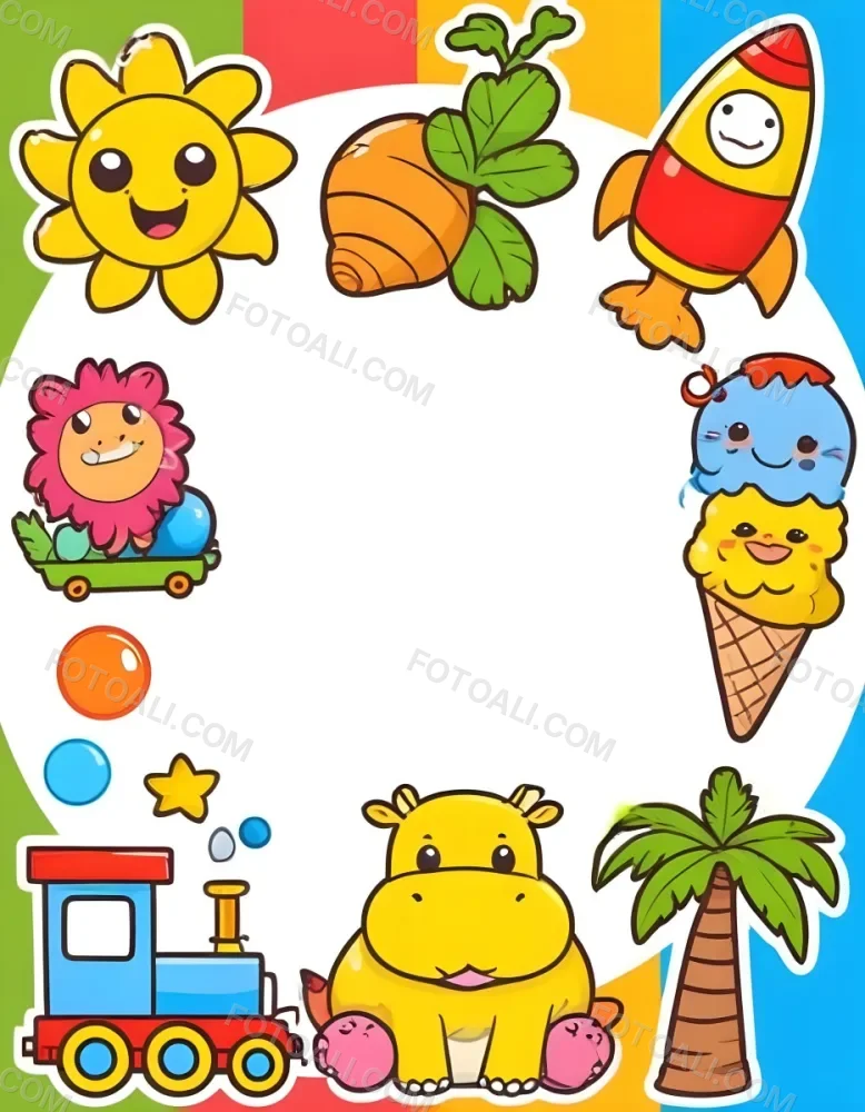 Cartoon Frame With A Sun Snail Rocket Tree Ice Cream Train Hippo And Palm Tree With A White Background 3 1f21
