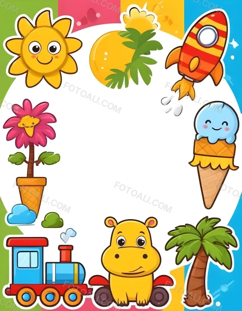 Cartoon Frame With A Sun Snail Rocket Tree Ice Cream Train Hippo And Palm Tree With A White Background 42 7aef