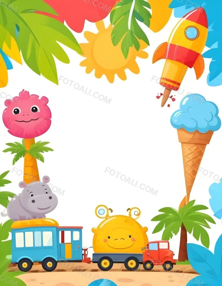 Cartoon Frame With A Sun Snail Rocket Tree Ice Cream Train Hippo And Palm Tree With A White Background 46 99e6
