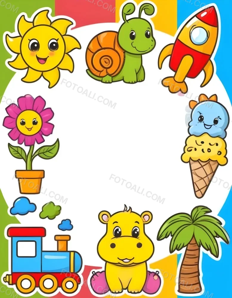 Cartoon Frame With A Sun Snail Rocket Tree Ice Cream Train Hippo And Palm Tree With A White Background 51 B74f